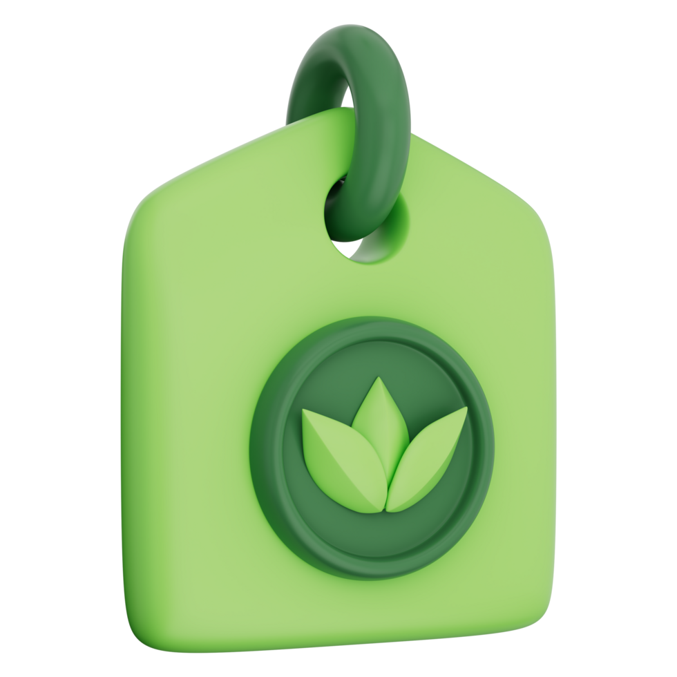 Green eco tag with leaf icon, symbolizing sustainability, renewable energy, and nature conservation. Perfect for eco branding, bio label, and green innovation. Transparent background, 3d illustration. png