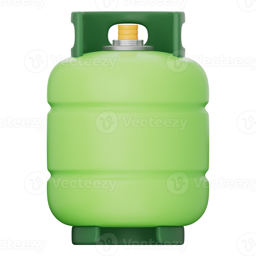 Green gas cylinder for liquefied petroleum gas, eco fuel tank for clean energy and sustainable power solution. Innovation in fuel storage technology. On a transparent background, 3d illustration. png
