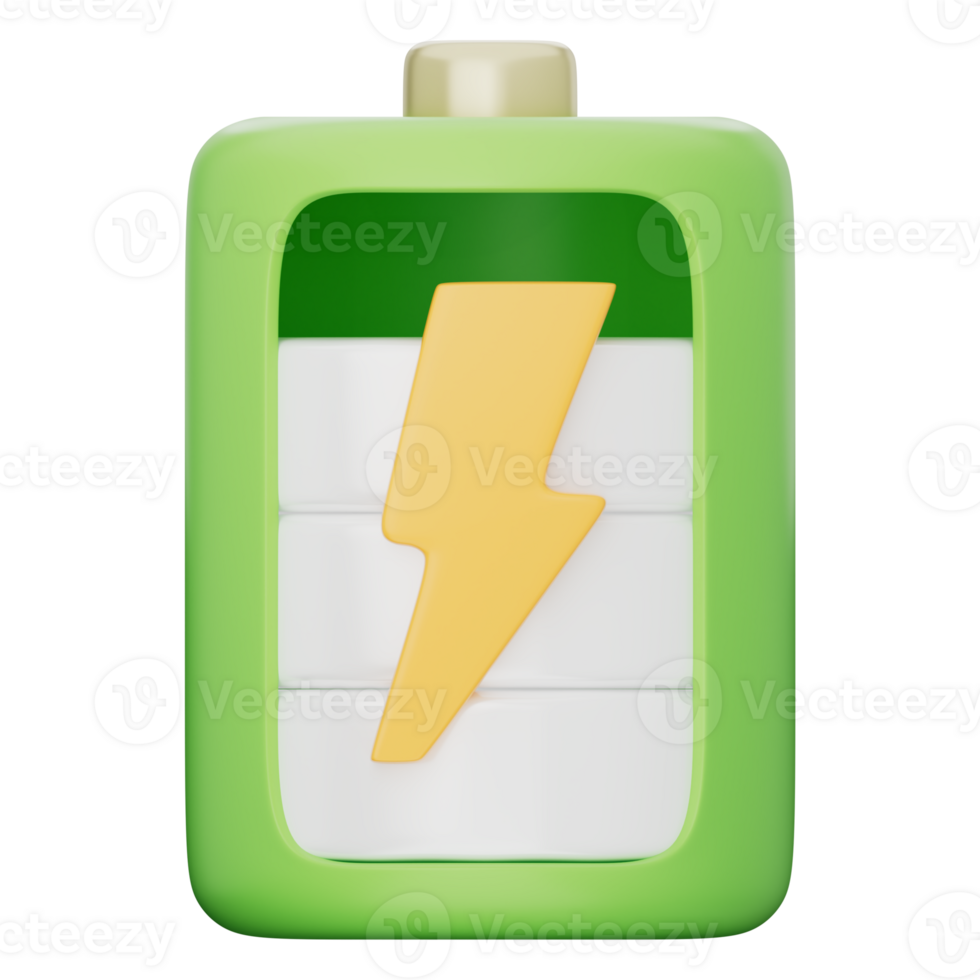 Green battery icon with yellow lightning bolt showing 80 percent charge, symbolizing clean energy, eco charging, power efficiency, and electric technology. Transparent background, 3D illustration. png