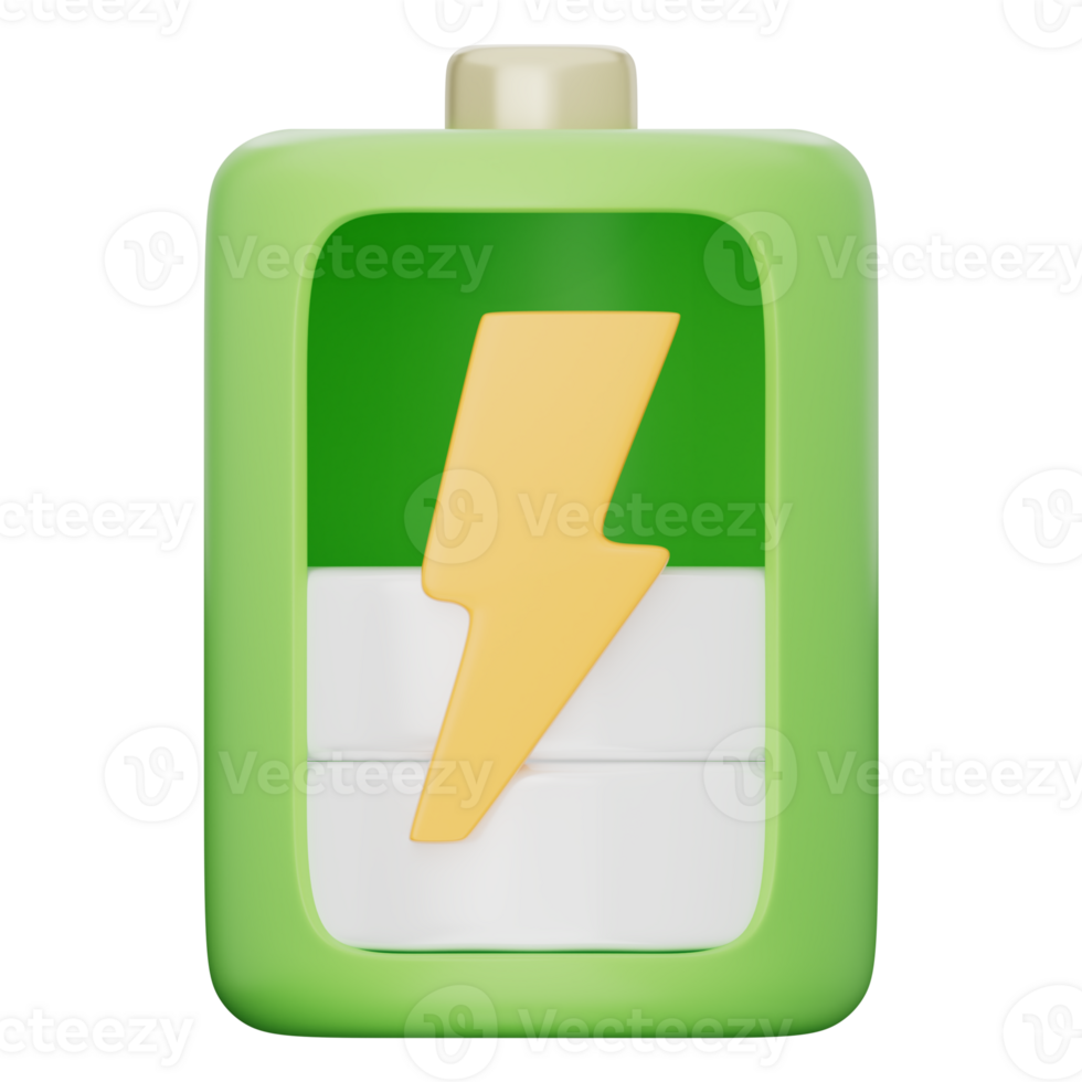 Battery icon in bright green with yellow lightning bolt, showing 50 percent charge level. Represents electric power, clean energy, charging, eco technology. Transparent background, 3d illustration. png