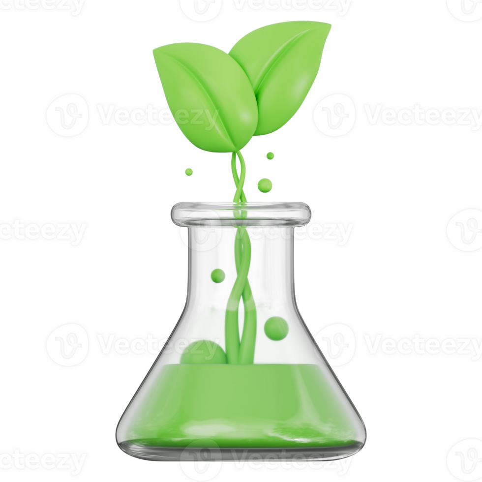 Science beaker with seedling, eco lab equipment for biology, plant growth, green study, innovation, chemical test, organic experiment, renewable solution. Transparent background, 3d illustration. png