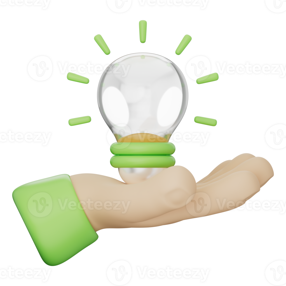 Hand gesture holding eco bulb with leaf, symbolizing green idea, clean energy, efficient power, smart solution, renewable innovation, and sustainable technology 3d illustration png