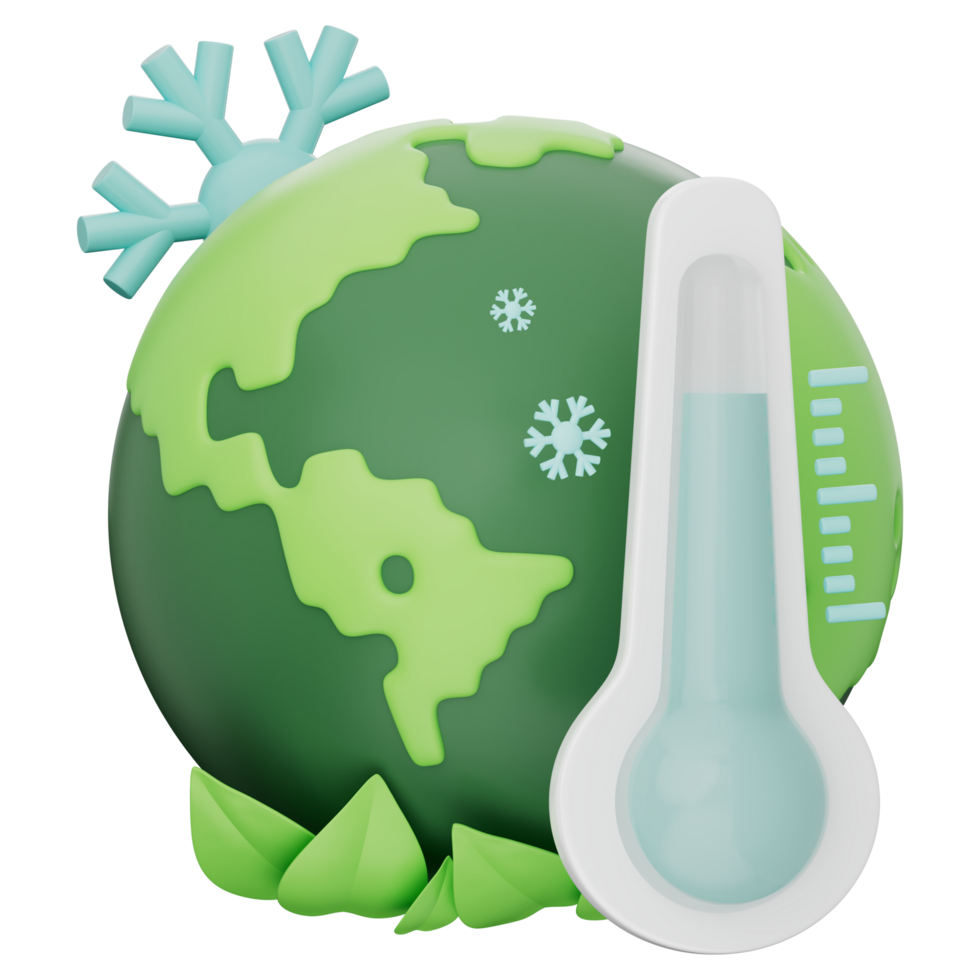 Blue thermometer with green Earth, cold freezing snowflake, symbolizing low temperature, environment, climate awareness, isolated on transparent background, 3d illustration png