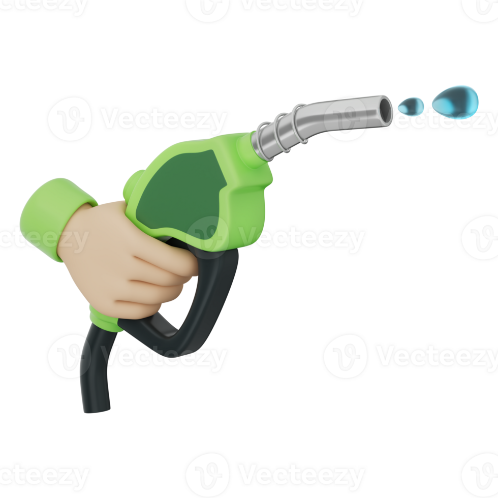 Hand holding fuel nozzle with green splash representing clean energy and eco power. Ideal for eco-friendly designs, sustainability campaigns, and UI elements. Transparent background, 3d illustration. png