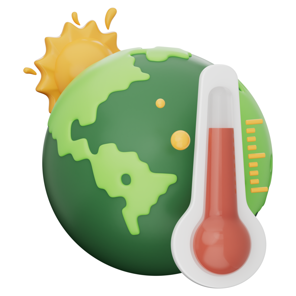 Global warming with earth, thermometer and sun showing rising temperature, climate change, pollution, ecology, nature, environmental crisis, sustainability, transparent background, 3d illustration png