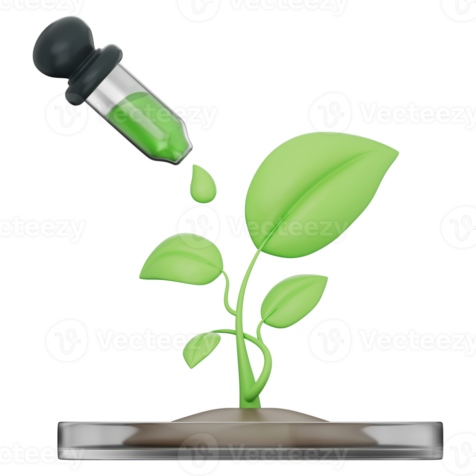 Dropper with green liquid and leaf in lab flask showing herbal extraction, green chemistry, eco lab, sustainability, plant science, nature based solution on a transparent background, 3d illustration. png