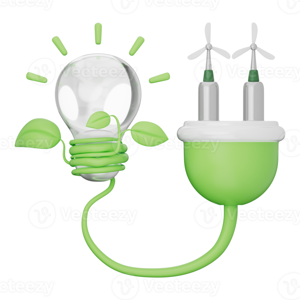 Renewable energy icon with green leaf and lightning bolt, symbolizing clean power, sustainability, eco innovation. Ideal for environmental and energy concepts. Transparent background, 3d illustration. png