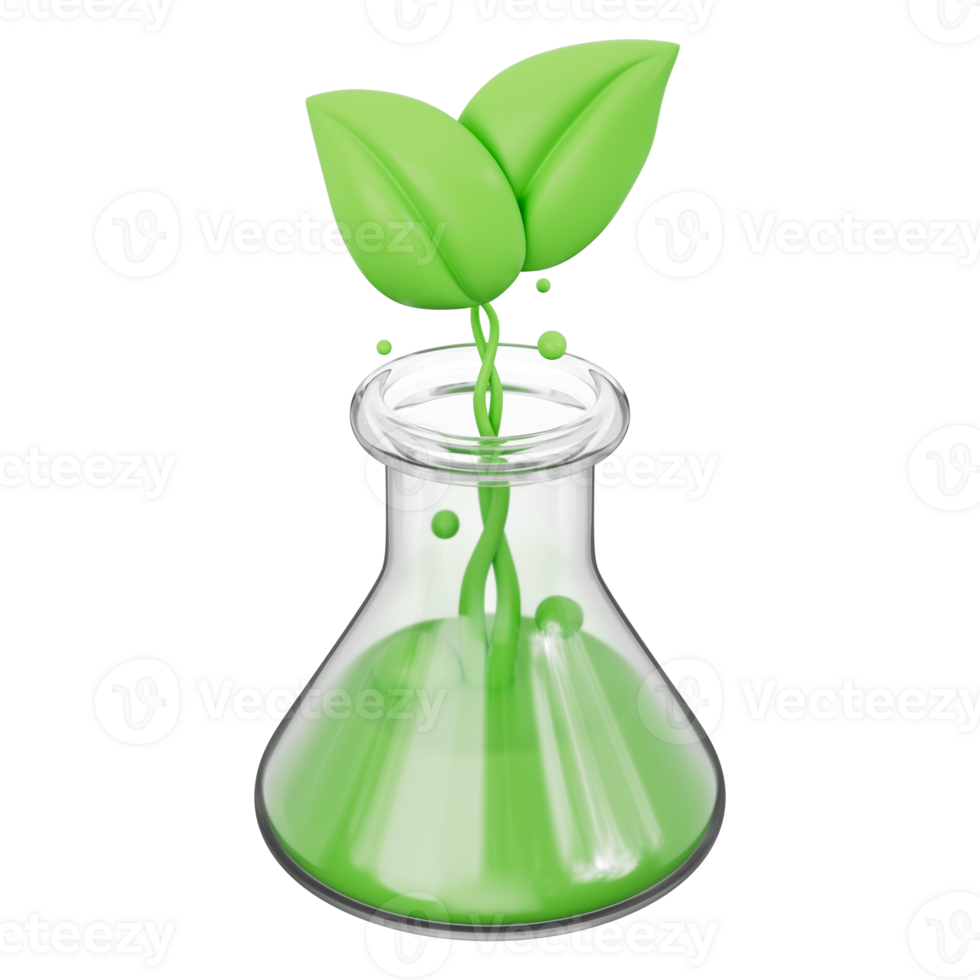 Glass beaker jar filled with green liquid for plant study in science lab. Industrial innovation meets biology research in eco-friendly solution. On a transparent background, 3d illustration. png