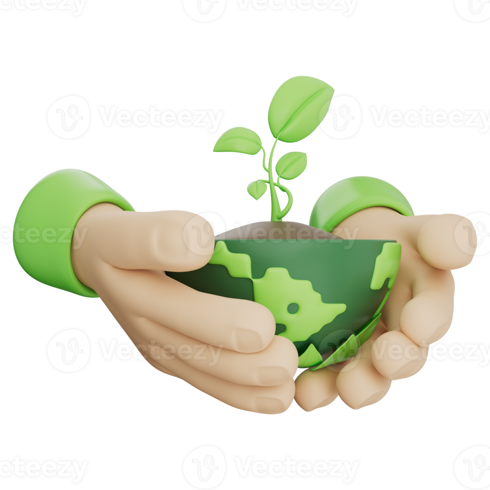 Green seedling growing on planet earth held by hand, symbolizing eco awareness, sustainability, and nature care. Great for green energy and climate topics. Transparent background, 3d illustration. png