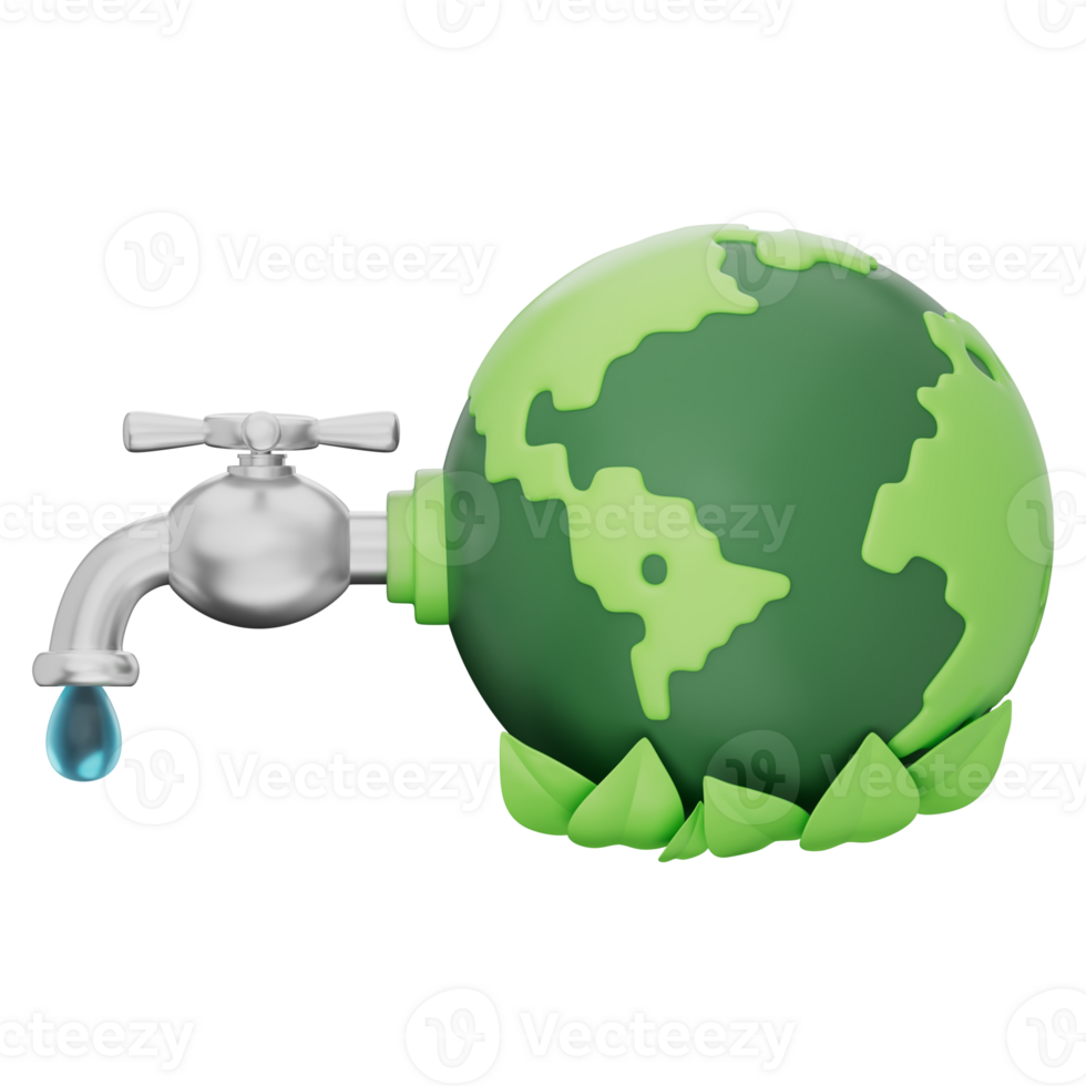 Water conservation concept featuring a green earth with a faucet and blue water drop, symbolizing eco-friendly practices and sustainable water usage. Transparent background, 3D illustration. png
