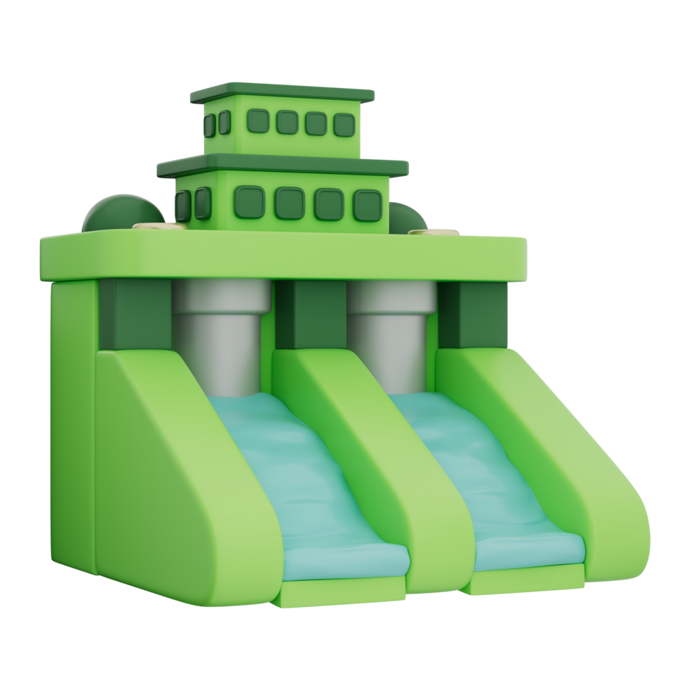 3D illustration of hydroelectric dam with water turbine, green energy, and power solution. Represents eco-friendly electricity, renewable water energy. Transparent background, 3d illustration. png