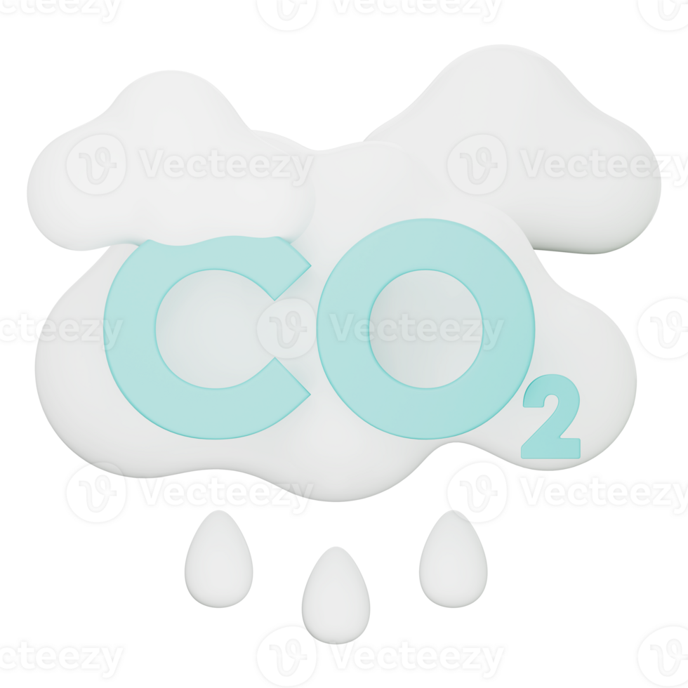 Eco cloud with CO2 icon showing carbon dioxide emission, smog, and climate change. This symbol reflects global warming, air pollution, carbon footprint. On a transparent background, 3d illustration. png