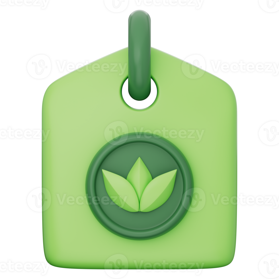 Eco tag icon with green leaf and recycle symbol, representing sustainable energy, nature, and innovation. Great for ecology, clean energy, eco design themes. Transparent background, 3d illustration. png