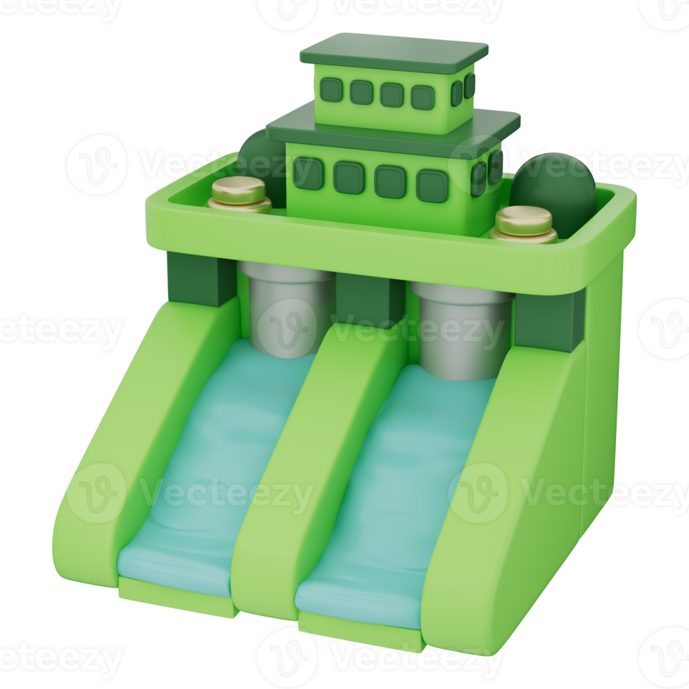 Water dam with hydroelectric system showing electricity generation, energy tech, and water power innovation for renewable solution. Clean eco energy source on a transparent background, 3d illustration png