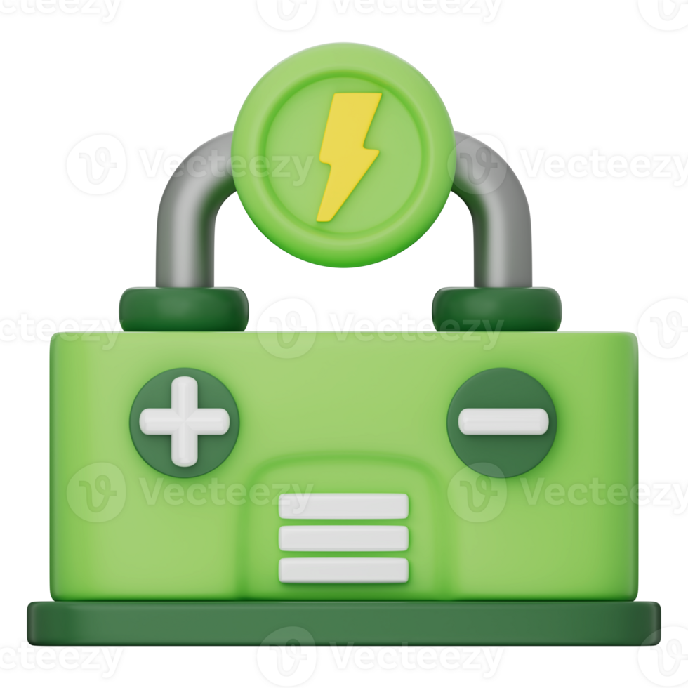 Green battery icon with lightning bolt representing clean energy, electric power, eco friendly charging. Great for UI, infographic, or sustainability visuals. Transparent background, 3d illustration. png