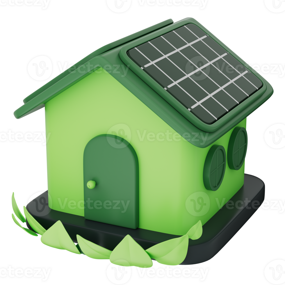 3d illustration of eco friendly green house with solar panel roof, representing renewable energy, sustainable living, and smart environmental design for clean energy future, 3d illustration. png