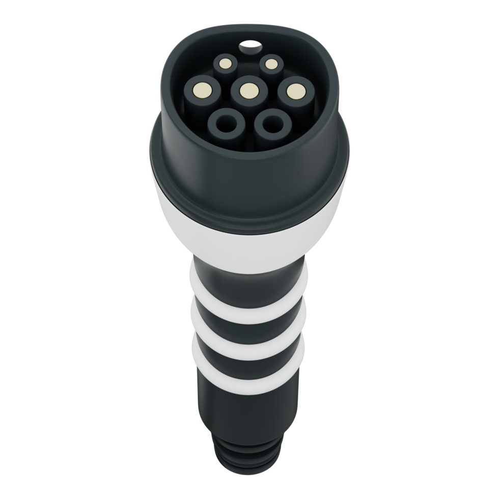 Type 2 EV charger plug held by hand, showing clean energy, electric vehicle power, and smart technology charging and energy efficient concepts. Transparent background, 3d illustration. png