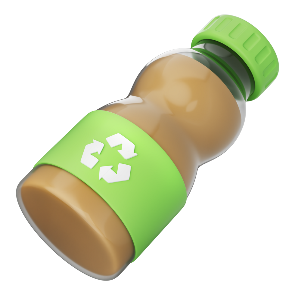 Recycling bottle icon with green eco-friendly design, representing reuse, clean energy, waste separation, and biodegradable solutions for sustainable packaging. Transparent background, 3d illustration png