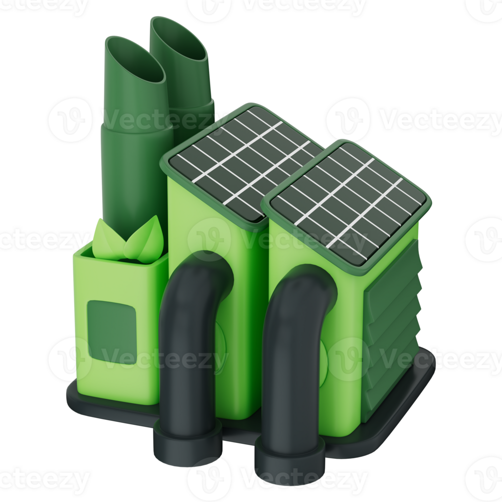 Smart factory in nature using solar power and energy efficient systems to reduce carbon footprint. Industrial innovation for sustainable green energy. On a transparent background, 3d illustration. png