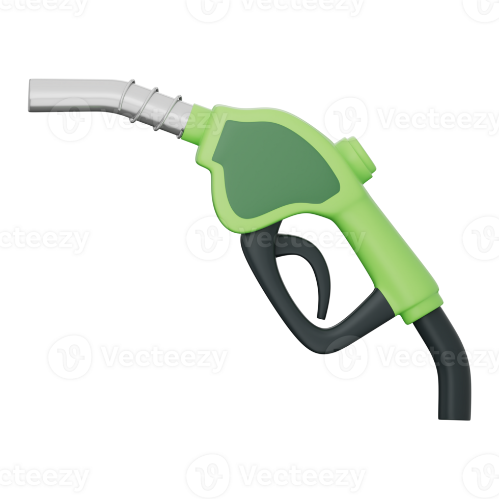 Green fuel nozzle for clean energy, low carbon emission, eco transport, and sustainable refueling in automotive and industrial use. Isolated on white background, with clipping path, 3d illustration. png