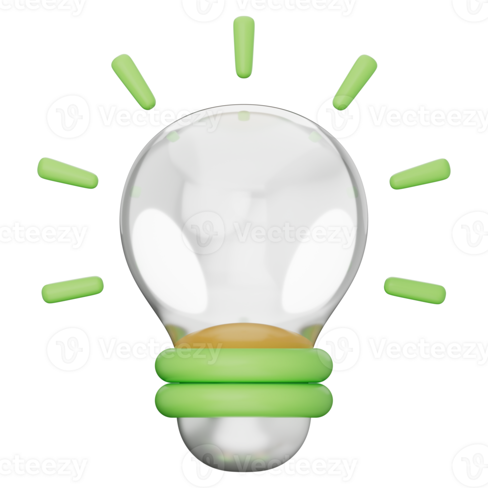 Glowing green light bulb with clean energy, innovative technology, efficient solutions, sustainability, smart ideas, creativity, and knowledge on a transparent background, 3d illustration. png