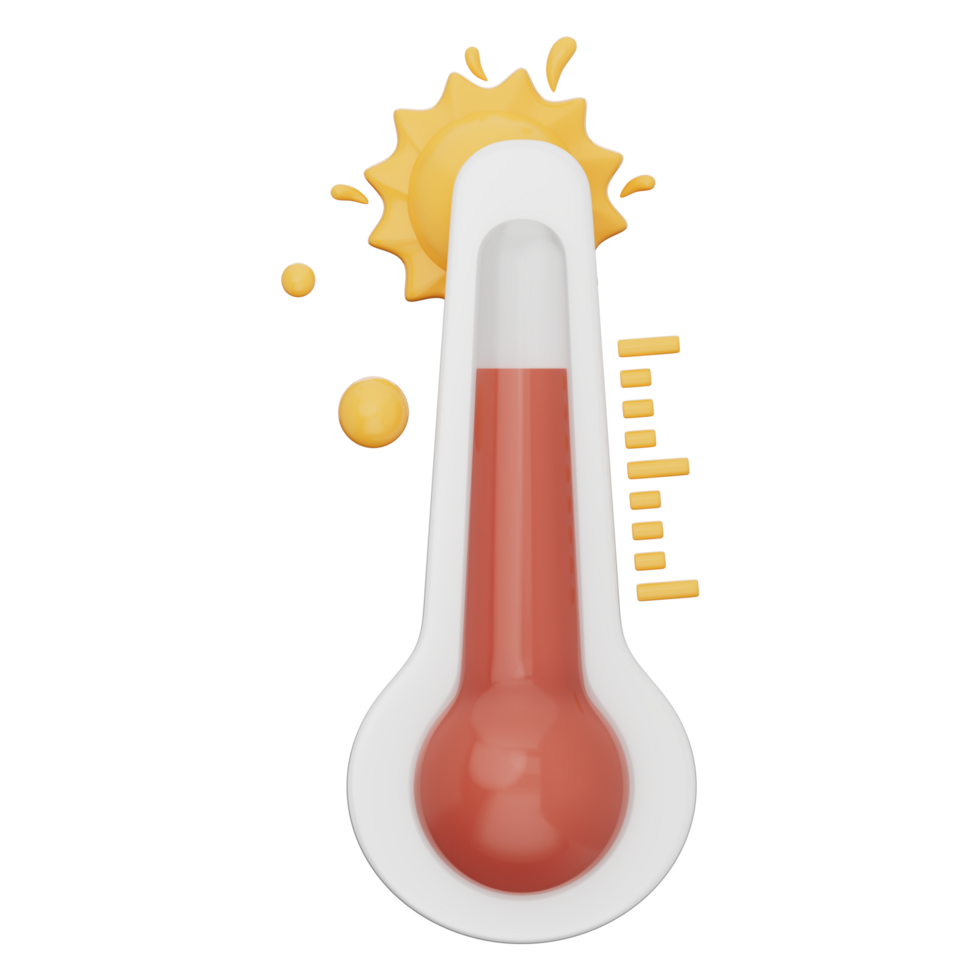 Thermometer showing extreme heat with rising red level, symbolizing global warming and hot summer weather. Ideal for science, energy or climate design. Transparent background, 3d illustration. png