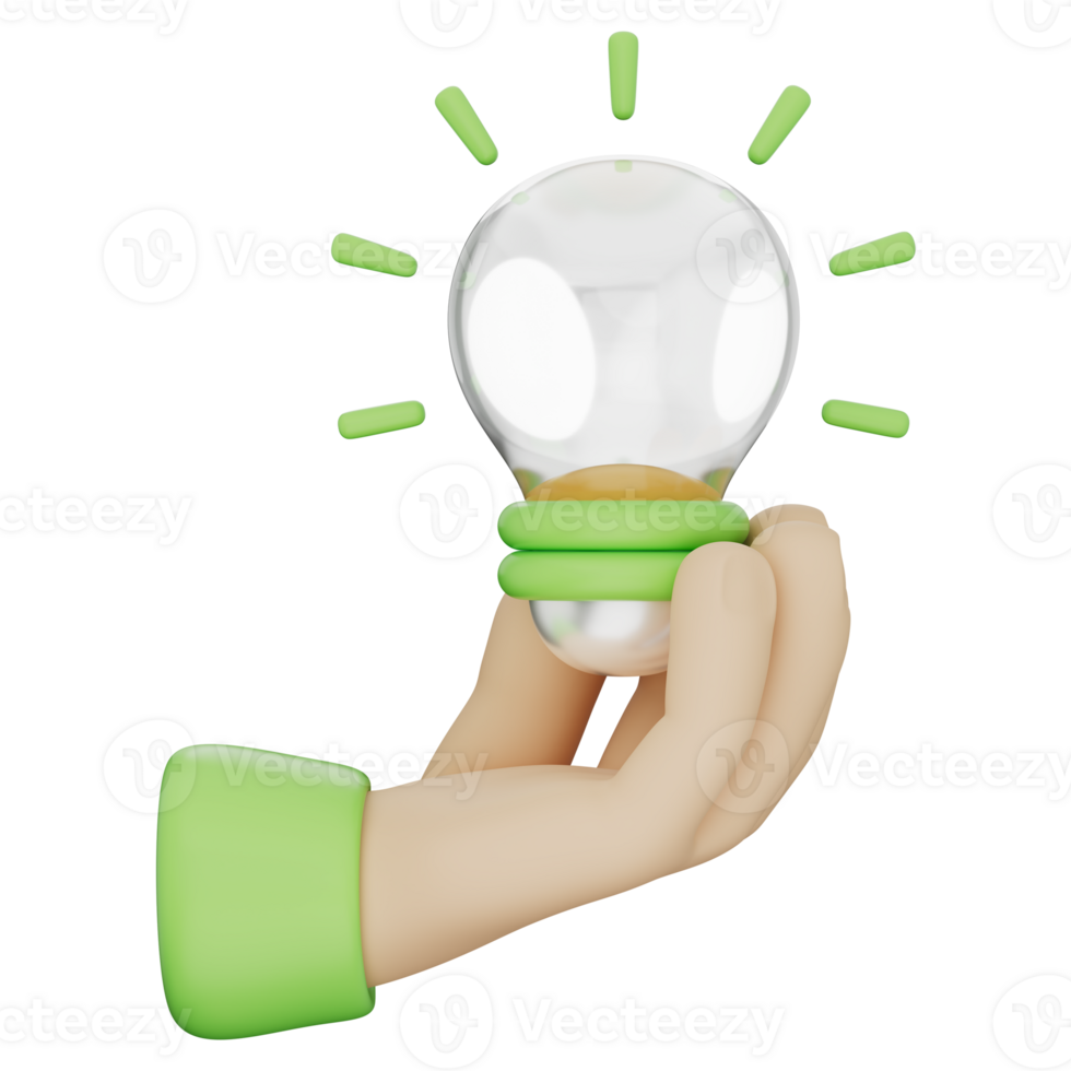 Idea bulb icon held by cartoon hand, innovation, green energy, knowledge, and eco-friendly solution. Ideal for technology, science, and sustainability themes. Transparent background, 3d illustration. png