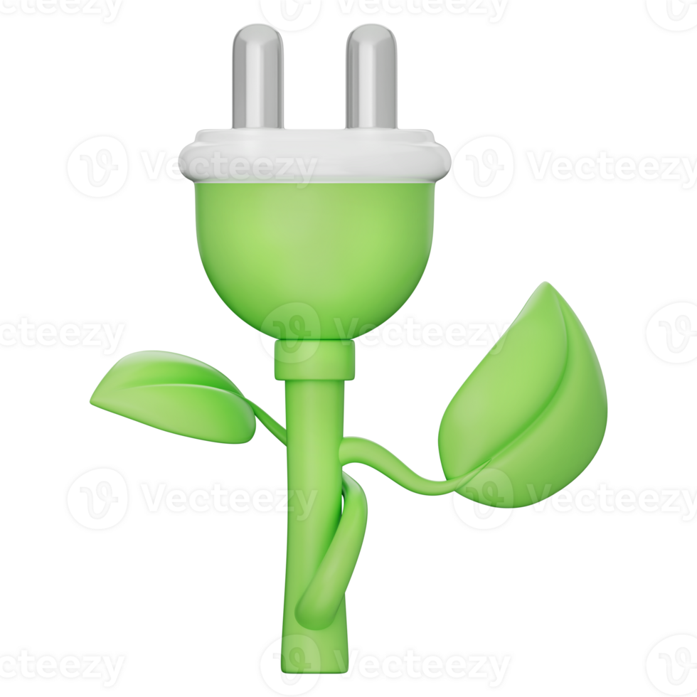 Eco power plug with leaf and plant design showing green energy, electricity saving, sustainable solution, smart energy, and renewable source on a transparent background, 3d illustration. png