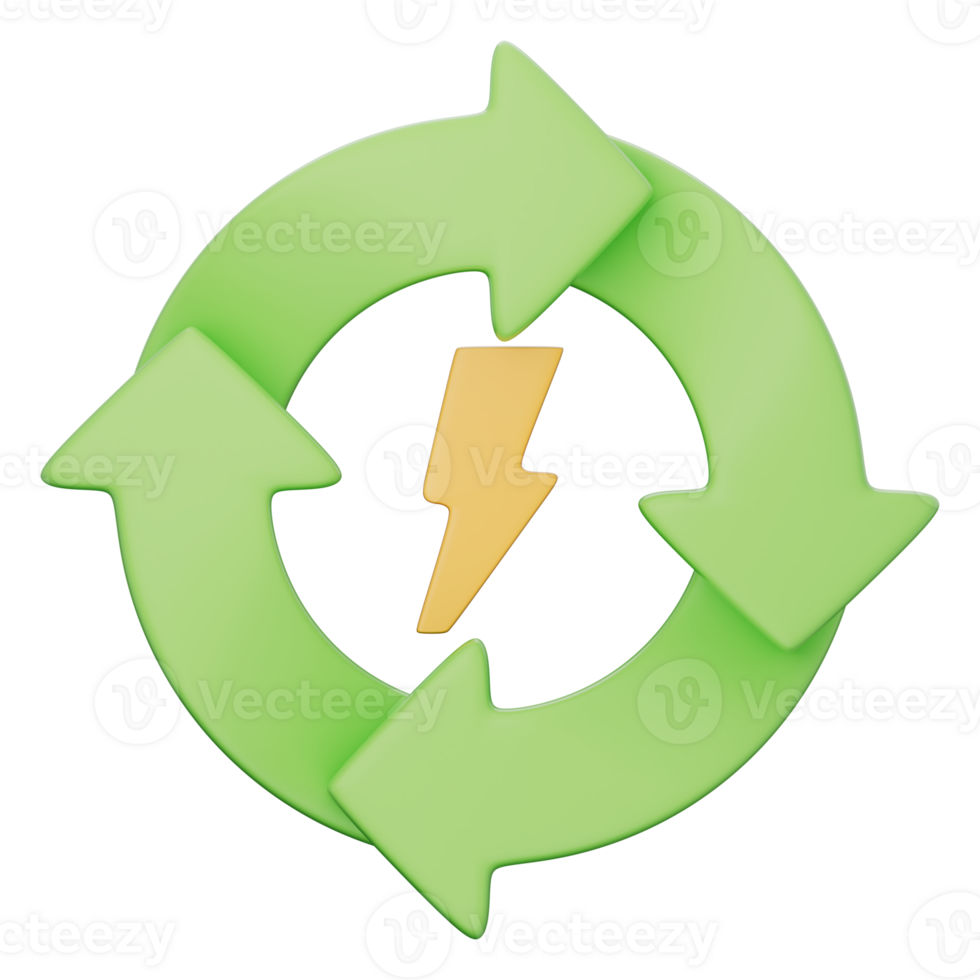 Renewable energy symbol in 3D featuring a green recycle icon and yellow lightning bolt, representing eco power, sustainability, climate care, green technology. Transparent background, 3d illustration. png