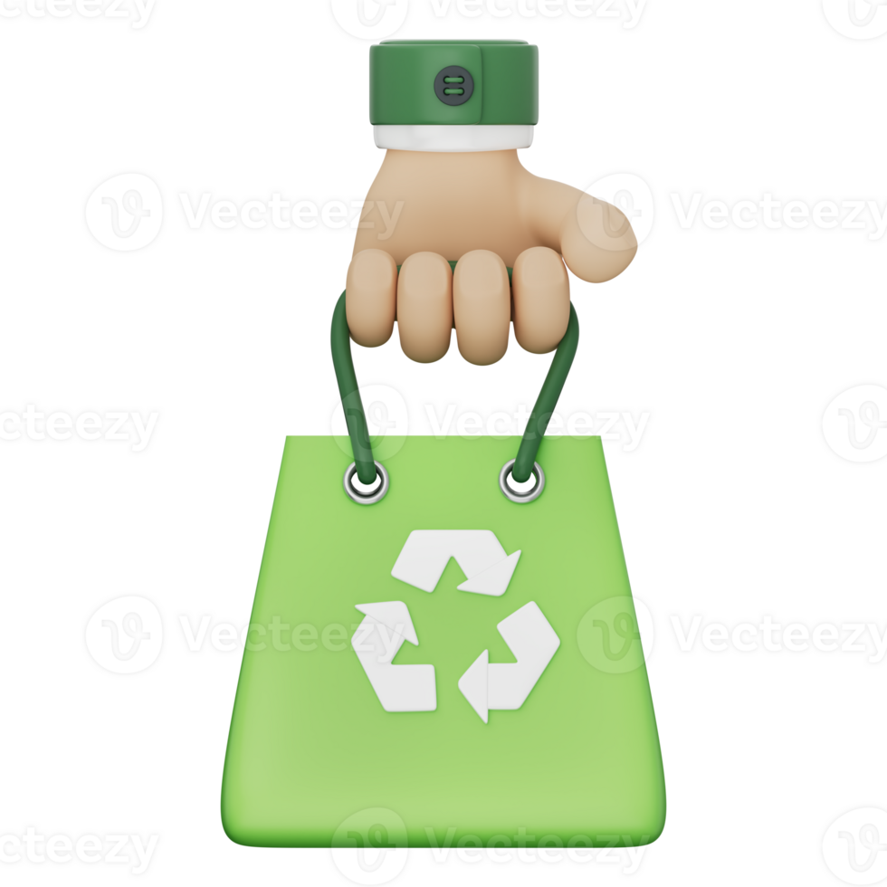 Green shopping bag with white recycle symbol held by hand in green sleeve with black buttons. Represents recycling, sustainability, and eco shopping. Transparent background, 3d illustration. png
