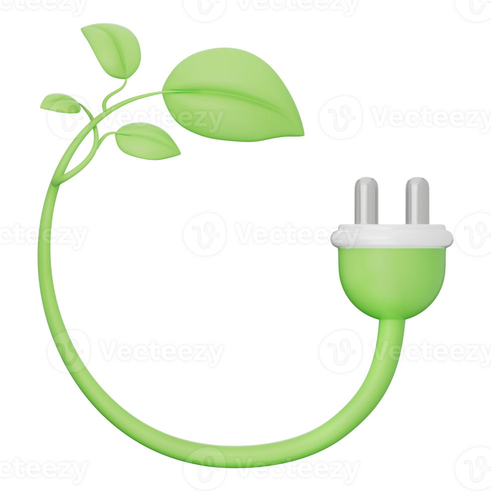 Green power plug with leaf sprouting from circular cord, symbolizing clean energy, renewable power, green technology, sustainability, eco friendly energy on transparent background, 3d illustration. png