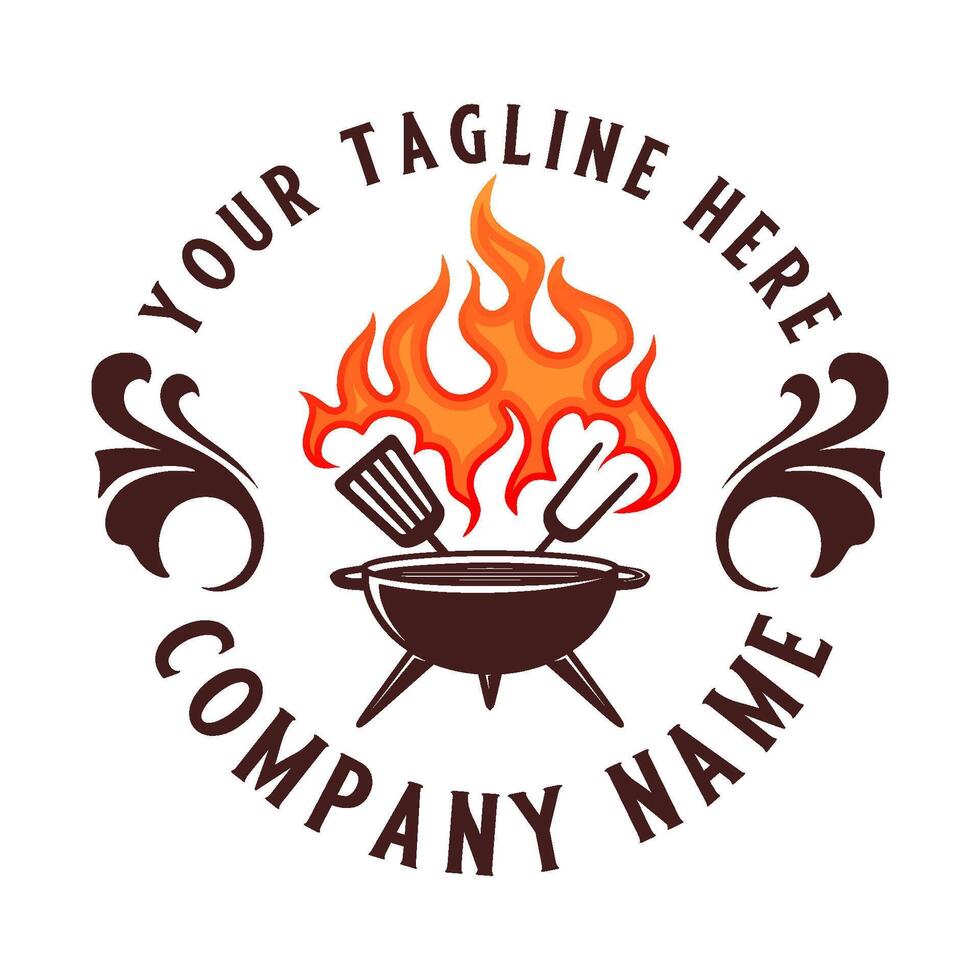 Barbecue logo. grill and two crossed spatulas icon, barbecue symbol vector