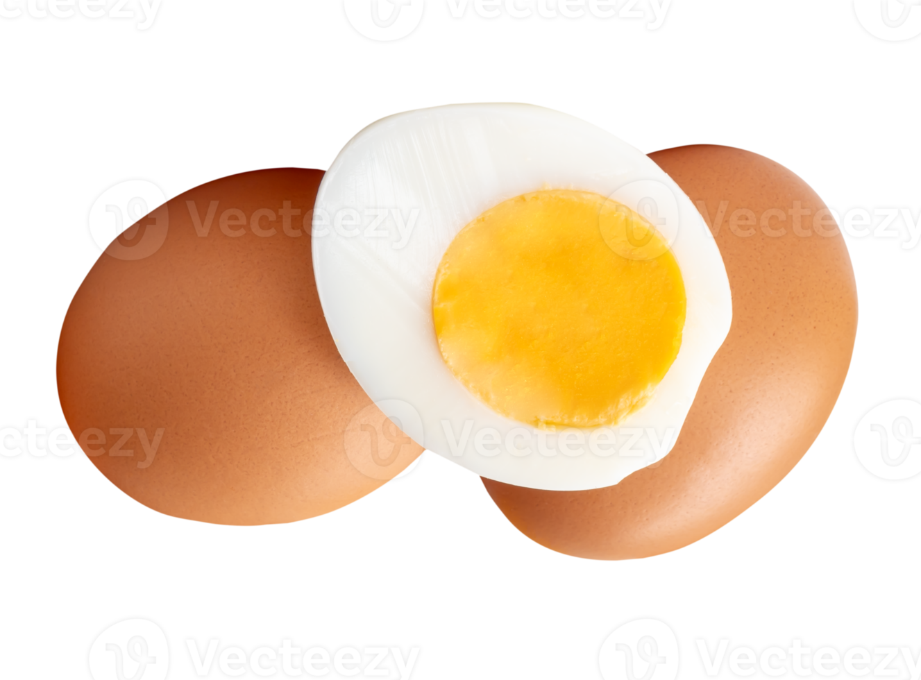Chicken eggs and cooked or boiled chicken egg with egg yolk in half in small pile isolated with clipping path in file format png