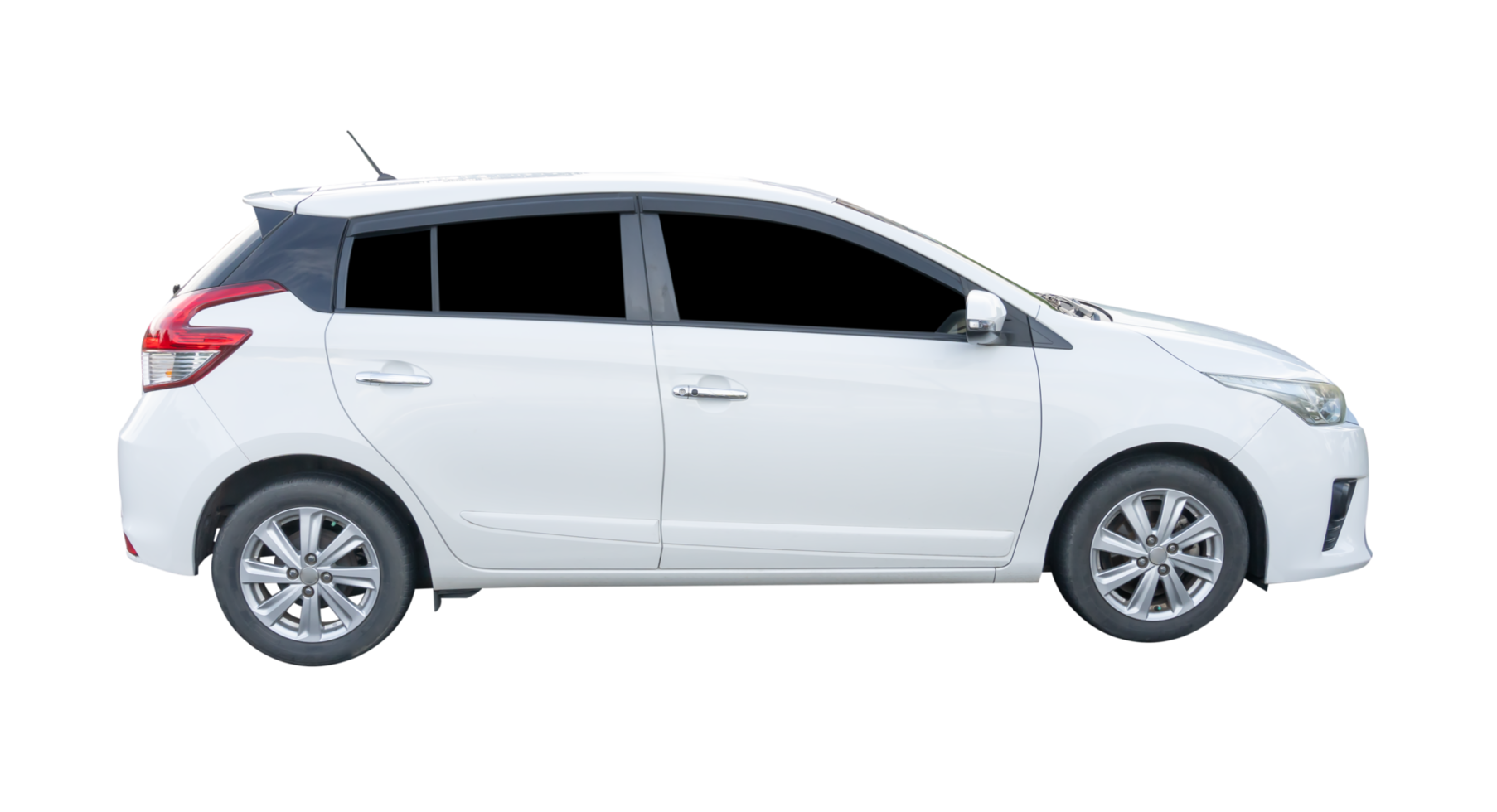 Right side view of mini or small white sports hatchback car isolated with clipping path in file format png