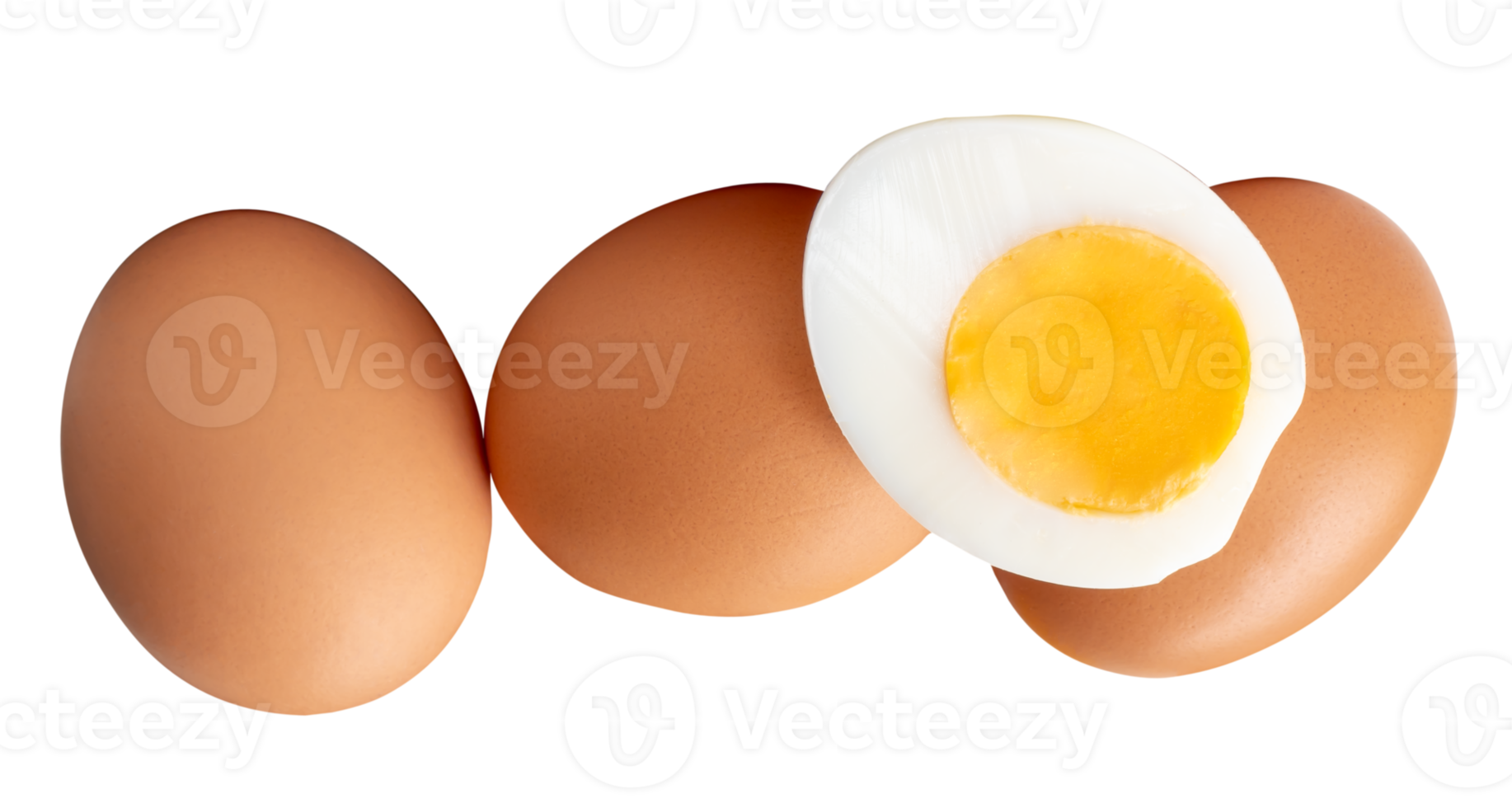 Top view of raw chicken eggs and cooked or boiled chicken egg with egg yolk in half in pile or stack isolated with clipping path in file format png