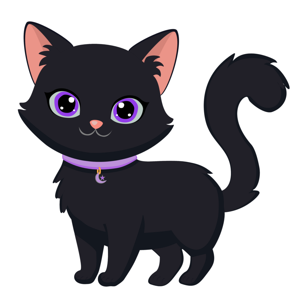 cute black cats in various Halloween poses. Adorable cartoon style png