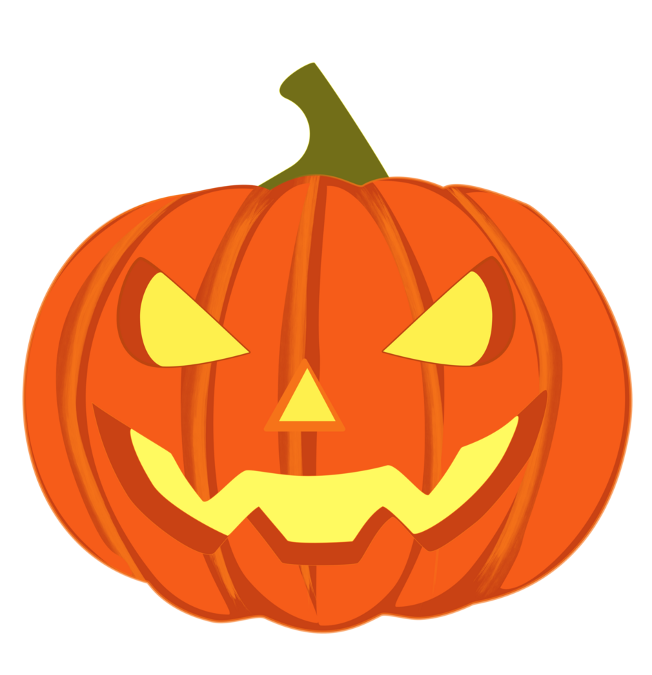 Cute Halloween pumpkin with glowing yellow face, cartoon png