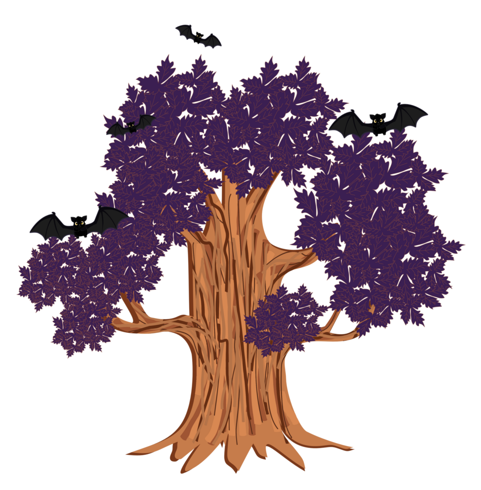 Halloween spooky trees with flying bats png