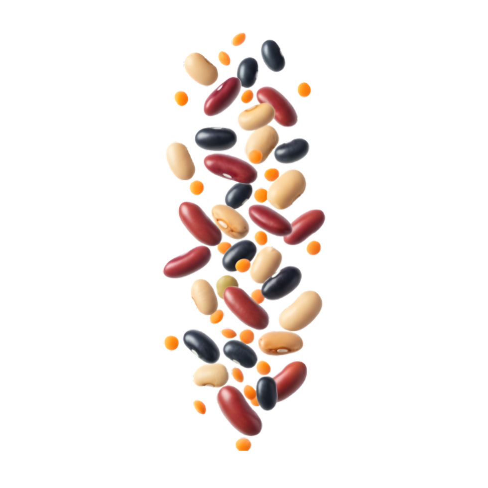 A vertical arrangement showcases various types of beans, including kidney beans, black beans, pinto beans, and lentils, captured against a transparent background, appearing to float in mid-air. png
