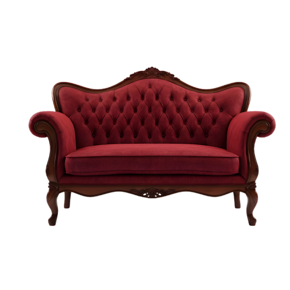 A captivating view of a luxurious crimson velvet loveseat, exquisitely detailed with button tufting and ornate wooden framing png
