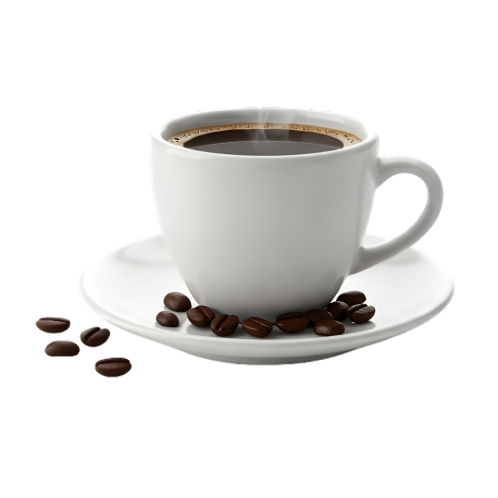 A steaming cup of dark coffee sits on a pristine white saucer, accompanied by several coffee beans scattered nearby. png