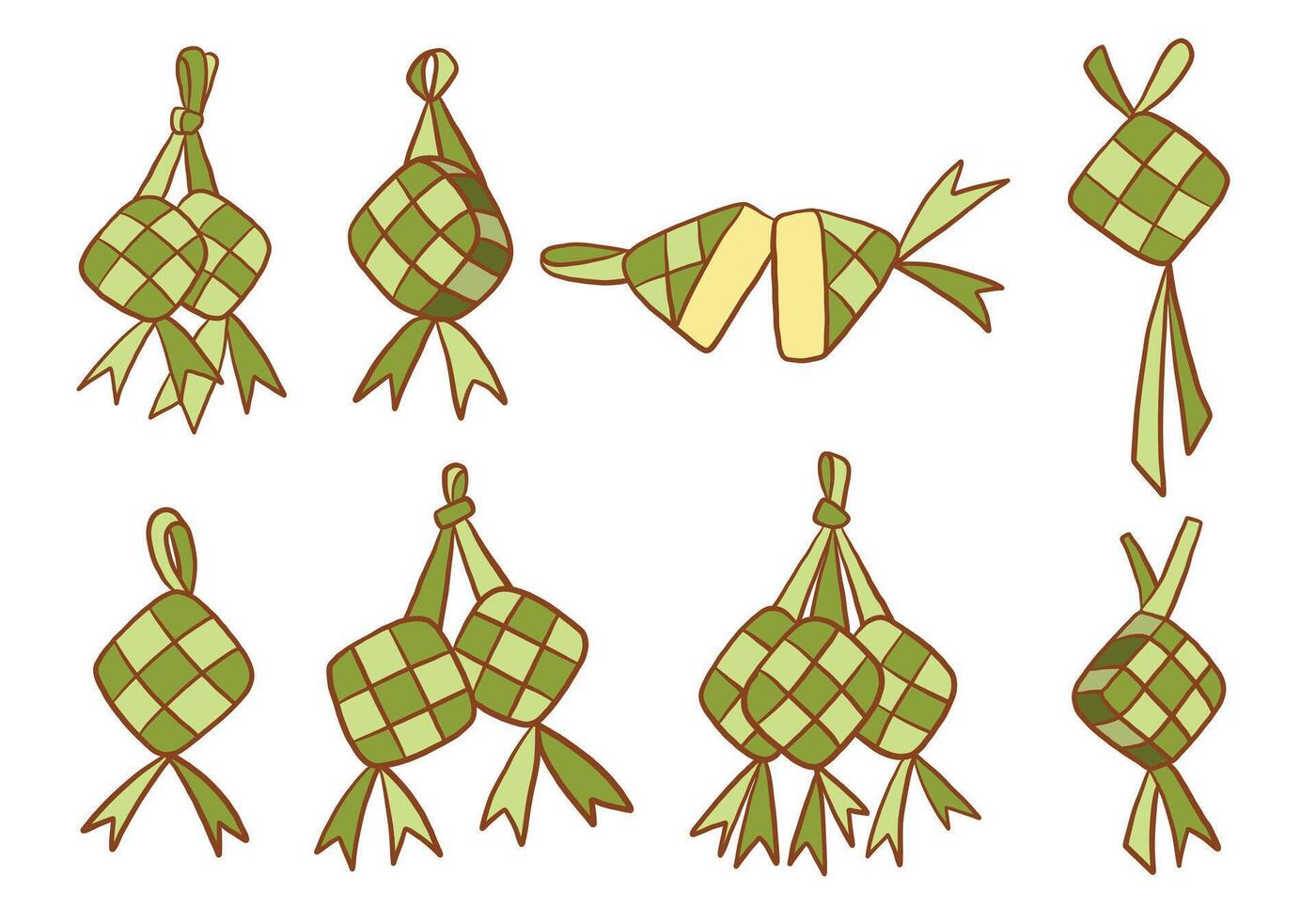 Hand Drawn Ketupat Icon Traditional. A festive collection of ketupat icons including single double and sliced variations with woven ribbon detail and more. Perfect for Eid decor culinary themes vector
