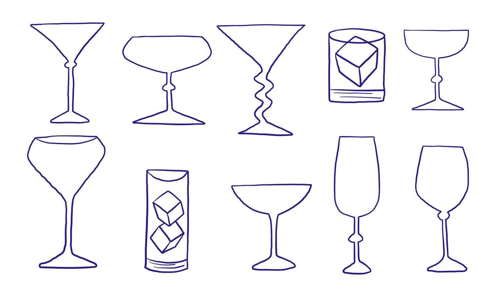 Hand Drawn Line Art Cocktail Wine Glass. A refined collection of 10 hand drawn glassware elements in clean line art style featuring martini and wine. Perfect for bar menus stickers and drink vector