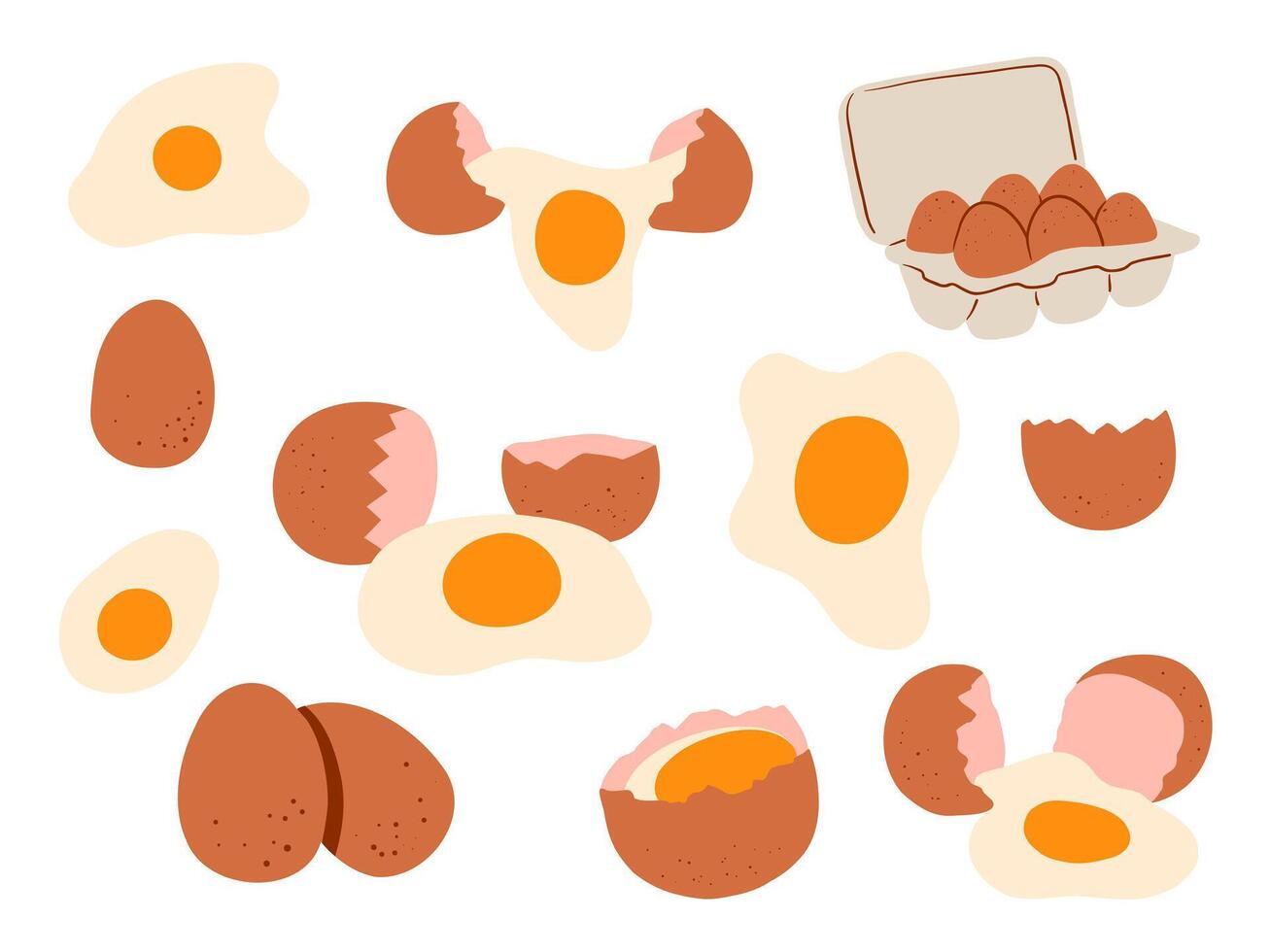 Flat Hand Drawn Egg Yolk Illustration. A playful collection of flat egg illustrations including cracked shells fried yolks and cartons in warm tones and cartoon style. Perfect for food icons breakfast vector
