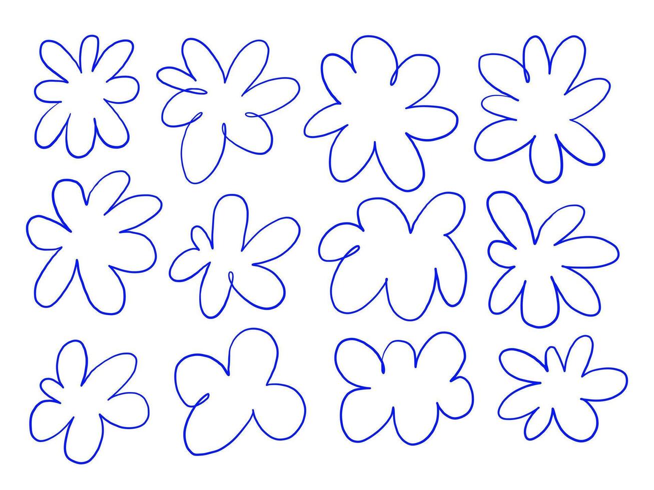 Hand Drawn Rounded Bloom Form. A soft rounded floral bloom in abstract shape drawn with clean blue outline and balanced smooth petal symmetry and more. Perfect for branding stickers botanical vector