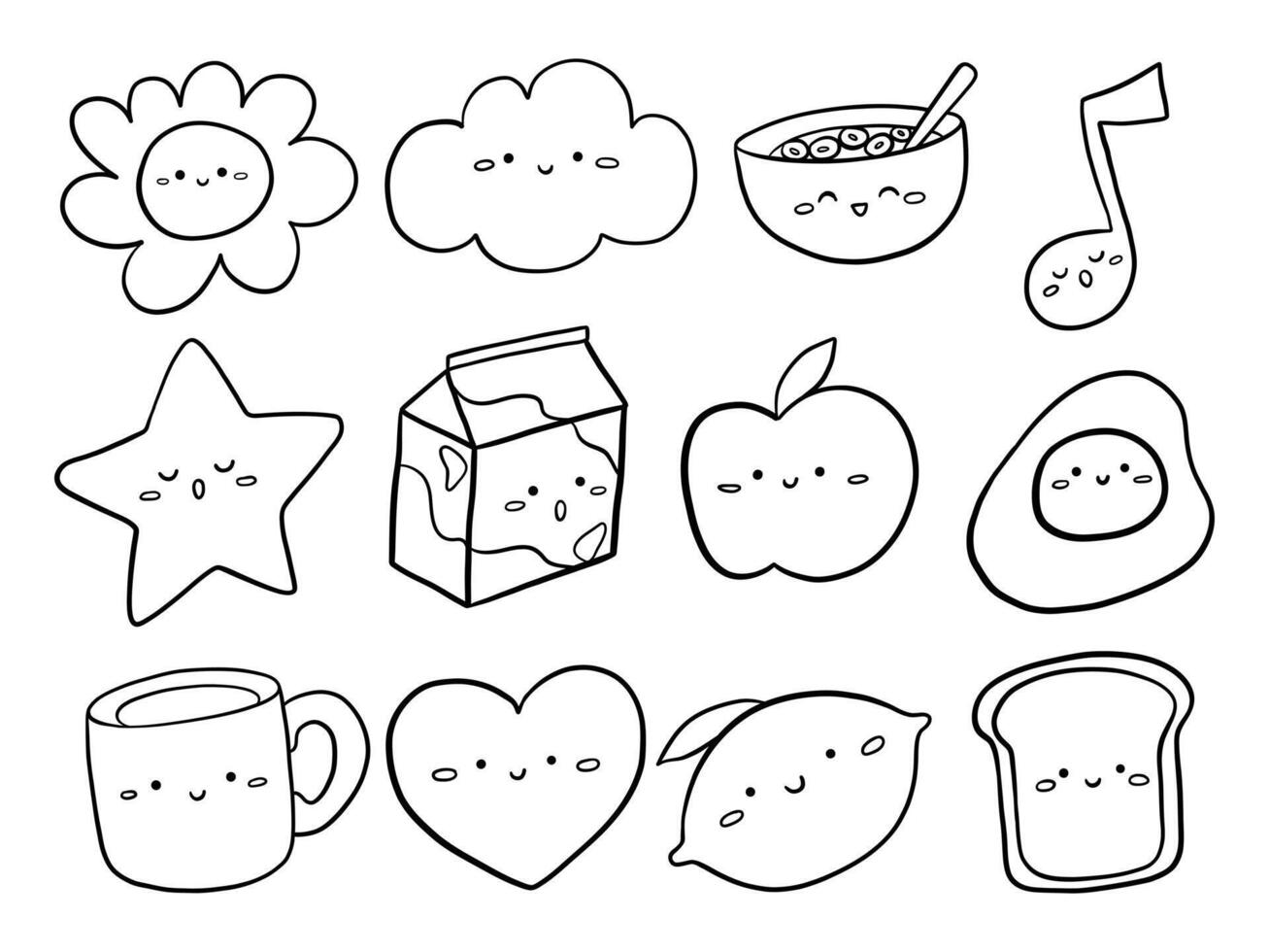 Line Art Kawaii Face Character. A playful set of twelve cute line art characters featuring smiling food shapes clouds flowers and more. Perfect for coloring pages sticker designs kids projects vector