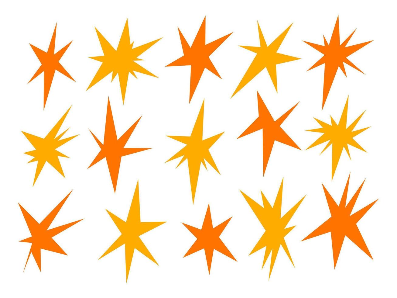 Retro Comic Style Starburst Silhouette. A dynamic set of 15 angular starburst silhouettes in orange and yellow tones with jagged comic inspired spikes graphic energy. Perfect for stickers posters vector