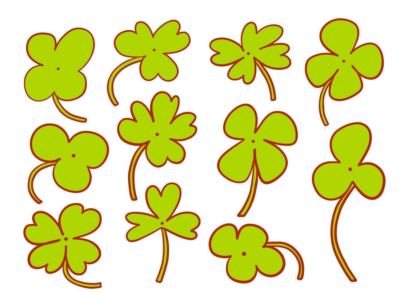 Hand Drawn Clover Leaf Collection. A lively collection of clover leaf icons featuring rounded sharp and irregular petal styles with playful red outlines. Perfect for lucky charm themes seasonal decor vector