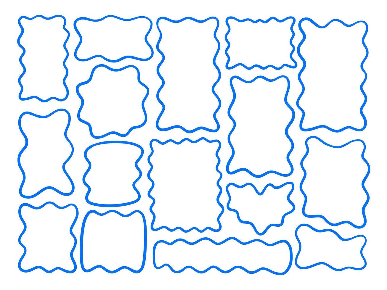Line Art Wavy Frame Outline in Blue. A playful collection of 16 frame outlines in bright blue line art featuring wavy curved borders in vertical and organic forms. Perfect for layouts stickers vector