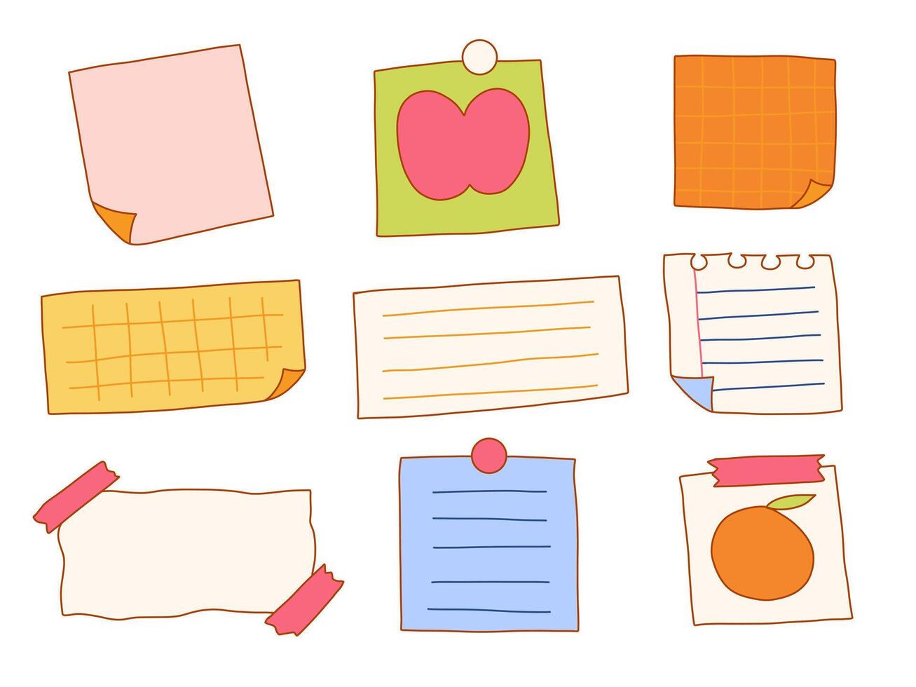 Doodle Style Memo Paper And Note. A playful collection of hand drawn note papers including sticky notes, taped sheets, grid pages, and torn edges. Perfect for planners, journals, and school projects vector